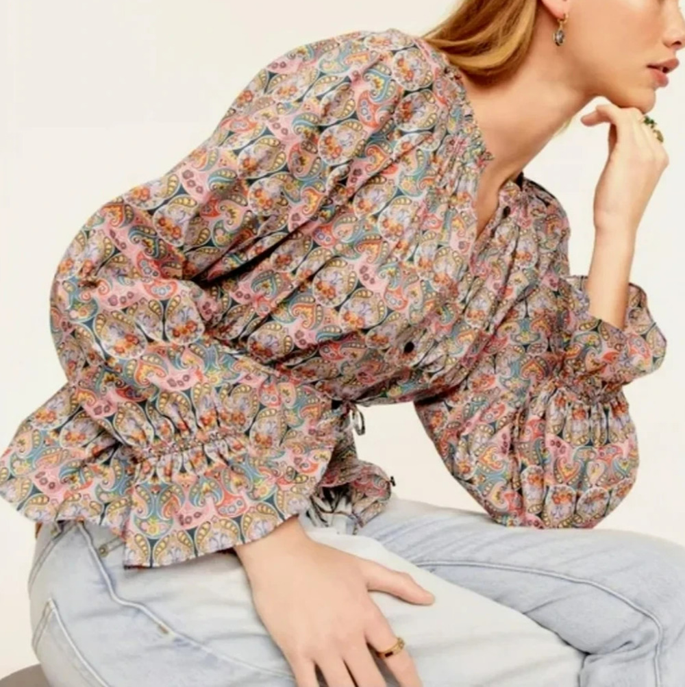 J. Crew Liberty Art Fabric Tie Waist Shirt Size XS Giorgia Duke Print Cotton Top